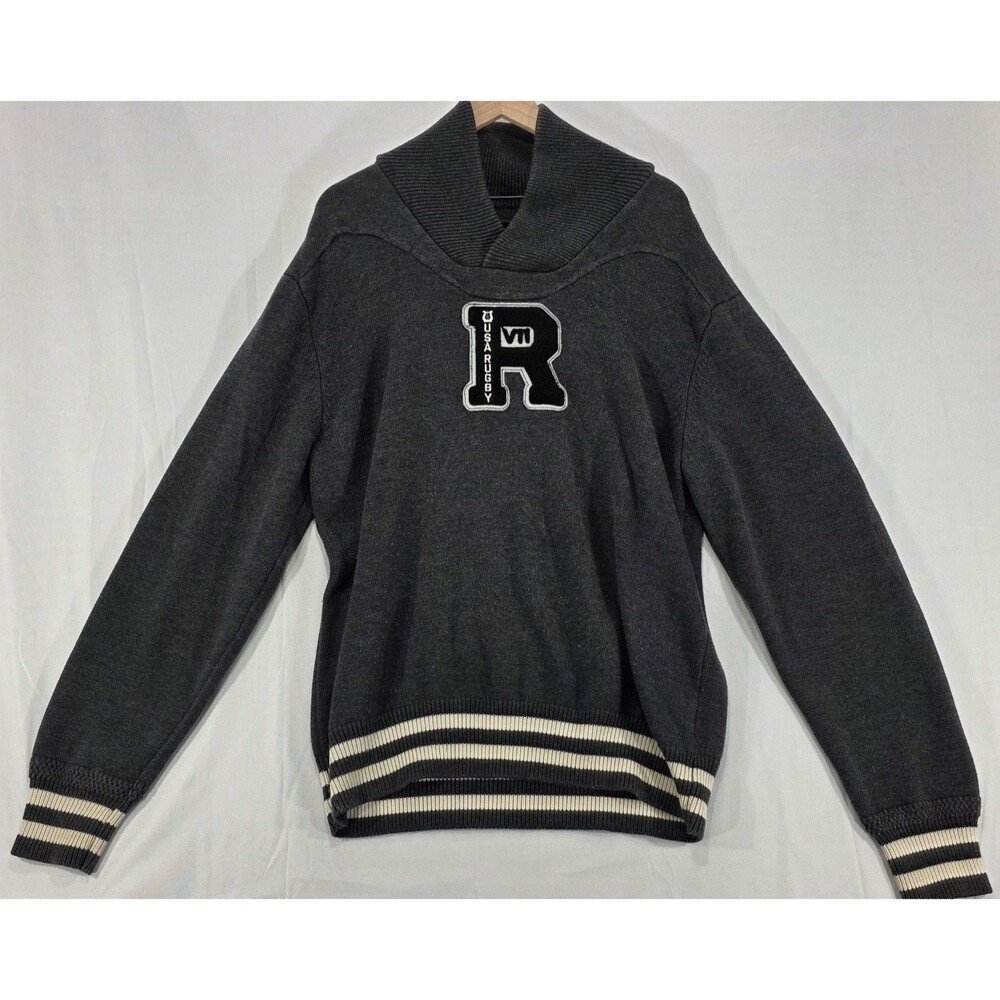 Vintage USA Rugby Sweater Varsity Letterman Pullover Elbow Patches Gray Men 2XL